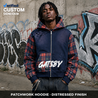 Sweat à capuche zippé intégral en molleton épais 480 GSM pour homme, motif écossais marine patchwork, effet vieilli et graphique glitch, pour le streetwear urbain