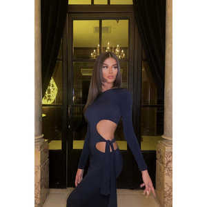 Robe bleu marine à nouer avec détail fenêtre et imprimé motif, style simple - Product Image 1