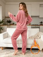 Pyjama d'hiver thermique en flanelle pour femme, 100 % polyester 220g, uni, ODM, avec cordon de serrage, col lisse, tricot doux, motif animalier de dessin animé