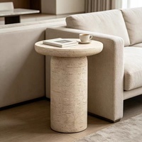 Table d'appoint ronde beige en faux travertin, table d'angle de canapé minimaliste moderne pour la maison, le salon, la chambre, la décoration d'hôtel