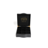 Boîte à thé en bois noir brillant incurvée, logo personnalisé en feuille métallique, 9 compartiments, coffret cadeau de luxe écologique pour le stockage du thé
