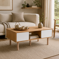 Table basse en bois avec rangement, table de salon moderne avec armoires fermées et étagère ouverte