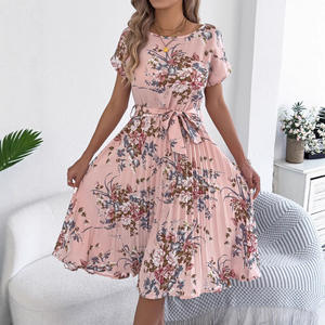 เดรสสั้นทรงเข้ารูปพิมพ์ลายดอกไม้สไตล์ยุโรปอเมริกันสุดหรูหราสำหรับฤดูร้อนปี 2026 แขนสั้น จับจีบช่วงเอว แฟชั่นแนวสตรีท - Product Image 1