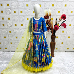 Salwar Kameez imprimé numériquement par NiMa Creations, avec dupatta en filet jaune, tenue traditionnelle indienne pour mariage, pour filles, en soie - Product Image 1