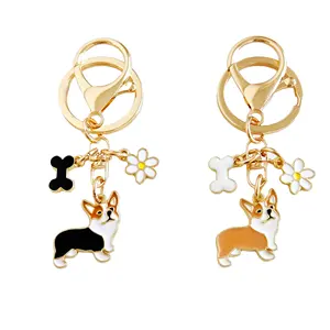 Lovely Corgi Pet Daisies and Dog Toy Bones Souvenir Trinkets Metal Emblem and Charm Pendants Gold Plated Zinc Alloy Key Chains