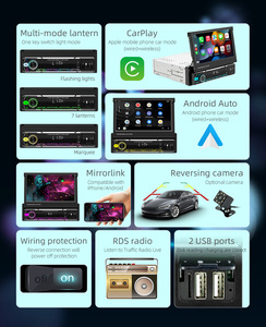 Bqcc 1din 7 "HD IPS có thể thu vào màn hình xe máy nghe nhạc đầy màu sắc ánh sáng Carplay GPS Wifi Wifi BT mirrorlink RDS USB sạc nhanh 9607W - Product Image 3