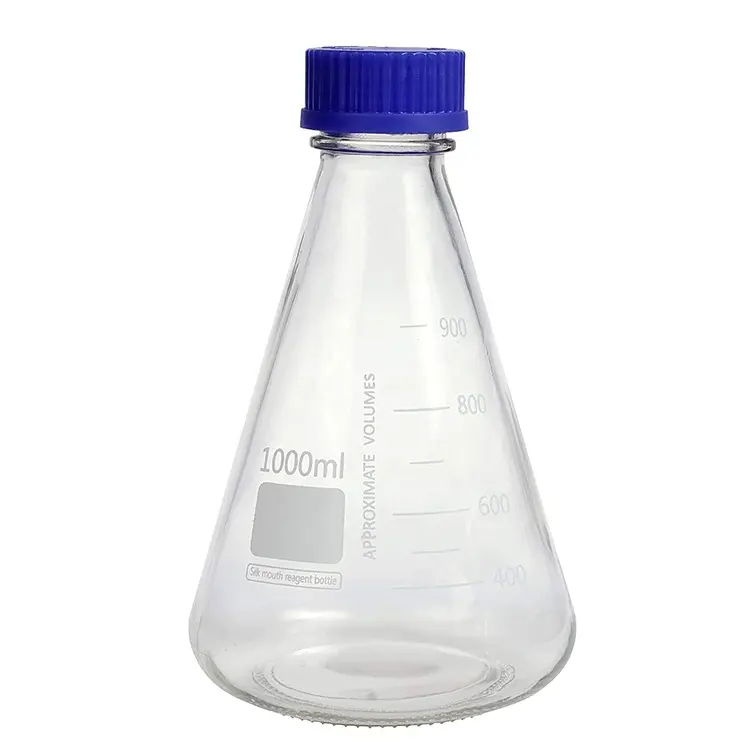 शंक्वाकार फ्लास्क मीडिया बोतल 1000ml प्रयोगशाला ग्लास शंक्वाकार फ्लास्क अभिकर्मक भंडारण की बोतल नीले पेंच ढक्कन के साथ