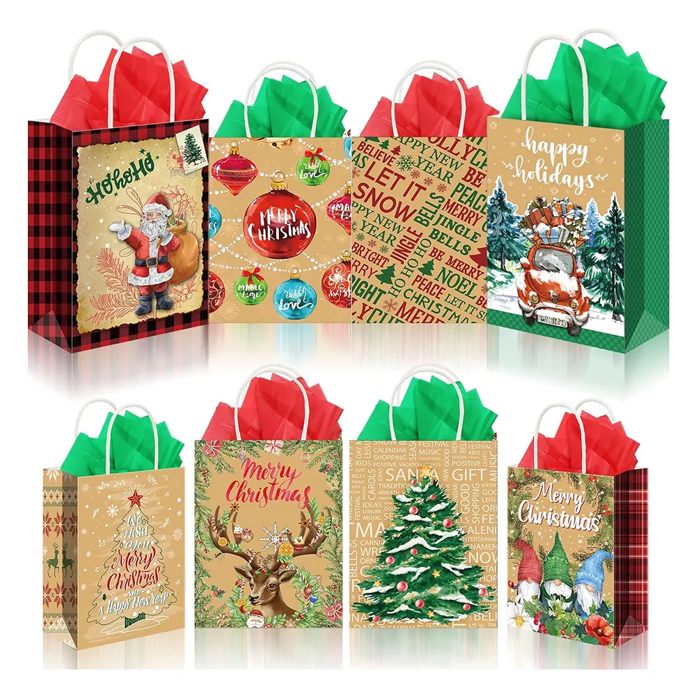 Custom Design Gift Kraft Bags Bulk with 40 Tissue Paper Reusable Christmas Goody Bags Kraft Christmas Tote Bags with Handles