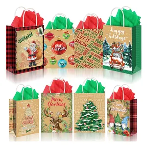 Bolsas Kraft de regalo de diseño personalizado a granel con 40 bolsas de regalo de Navidad reutilizables de papel tisú bolsas de asas de Navidad Kraft con asas