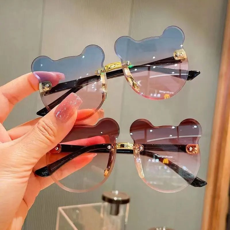 Girls Boys Cartoon Bear Rimless Sunglasses UV400 Children Retro Round Glasses Eyeglass Outdoor Infant Ultraviolet-proof Eyewear