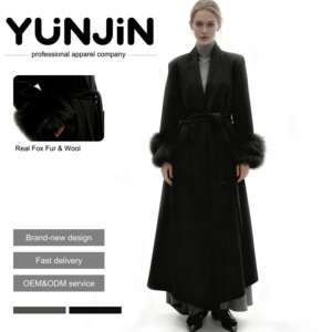 YUNJIN noir luxe femmes laine cachemire Double face Long manteau d'hiver détachable véritable fourrure de renard manches respirant pardessus ceinture - Product Image 1