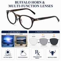 Gafas Hechas a Mano con Montura de Cuerno de Búfalo Puro y Orgánico, Diseño Retro Redondeado, Lentes con Protección Anti Luz Azul y Transición, Ecológicas