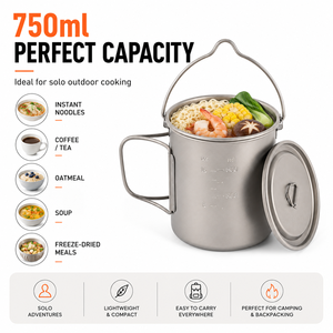 Pot à suspendre en titane pur 750 ml avec poignée pliable et couvercle, pour camping, cuisine, bushcraft et randonnée ultralégère en extérieur - Product Image 2