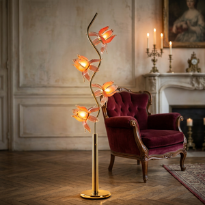 Lámpara de pie estilo bohemio con flor de loto, pétalos de vidrio translúcido soplados a mano, soporte dorado en forma de S, lámpara decorativa elegante - Product Image 3