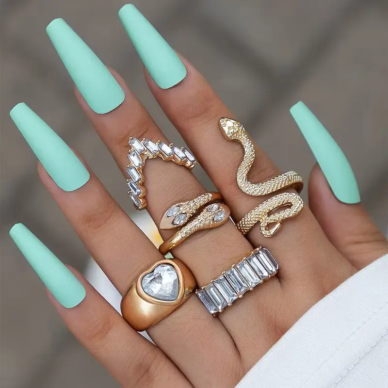 Manna 5Pcs/set Hiphop Gold Popular Geometric Rings Set Love Snake Diamond Knuckle Ring Set For Women