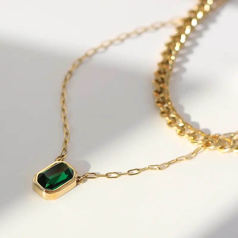 MARONEW Non Tarnish Free Waterproof Jewelry 18K Gold Plated Stainless Steel Green Emerald Stone Pendant Double Layer Necklace