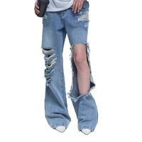 Haute qualité Baggy jambe droite Double ceinture Vintage lavé bleu singe lavé en détresse trous Denim pantalon femmes jean