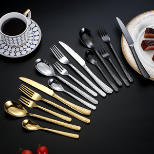 Stainless Steel European Style Cutlery <b>Set</b> Knife Fork Spoon Gold Plated Hammered Texture Thickened Steak Dessert Five Piece <b>Set</b> - Product Image 3