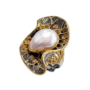 Diseño Original italiano de obra de lujo en forma de flor de perlas estilo barroco anillo dicroico Chapado en joyería de plata 925