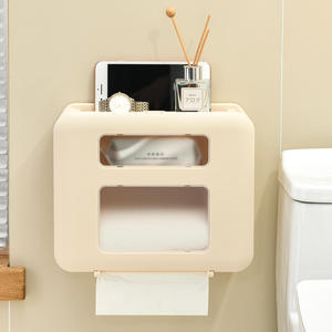 Soporte de papel higiénico montado en la pared sin necesidad de taladro, estante de almacenamiento de doble capa, caja de pañuelos rectangular para baño, color blanco, duradero - Product Image 2