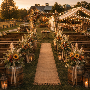 Décoration de mariage champêtre classique, pack complet : Arche en bois, balles de foin, bocaux Mason, guirlande lumineuse Edison, chemin de table en toile de jute. Solution complète OEM. - Product Image 2