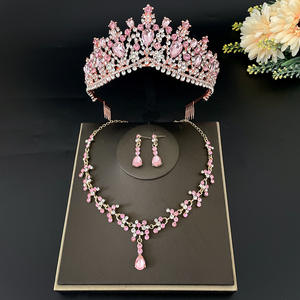 Orecchini a corona di cristallo rosa da sposa di moda di alta qualità Set principessa royal pettine diademi gioielli testa di nozze sposa corona set - Product Image 1