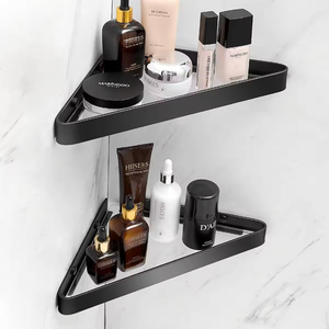 Étagère d'organisateur d'angle de salle de bain en <span class=keywords><strong>verre</strong></span> noir adhésif et <span class=keywords><strong>porte</strong></span>-shampooing de caddies de <span class=keywords><strong>douche</strong></span> montés <span class=keywords><strong>sur</strong></span> perceuse avec supports en aluminium - Product Image 1