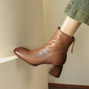 Bottes pour femmes tendance en cuir véritable de vache classique rétro à fermeture éclair décontractées à talon carré épais - Product Image 3