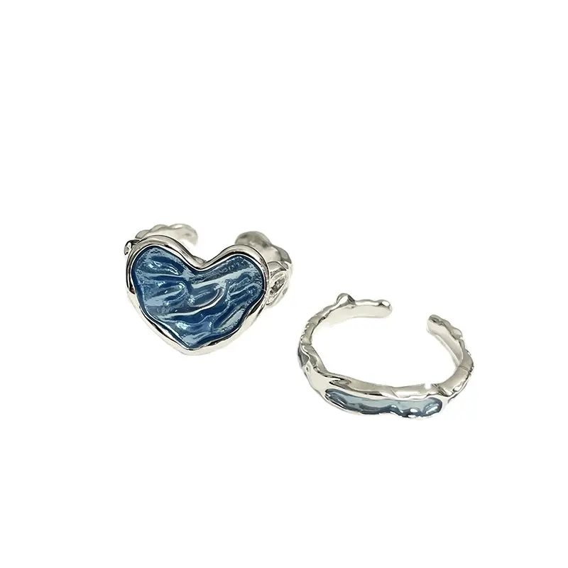 Cincin Perhiasan Fashion grosir cincin biru enamel Drip Glaze tekstur bentuk hati cincin wanita gadis perhiasan dekorasi pakaian harian