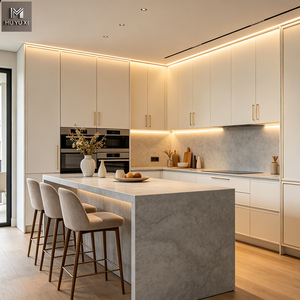 Ensemble d'armoires de cuisine modernes et minimalistes sur mesure en contreplaqué avec panneaux plats, îlot de cuisine de luxe en <span class=keywords><strong>bois</strong></span> grainé - Product Image 3