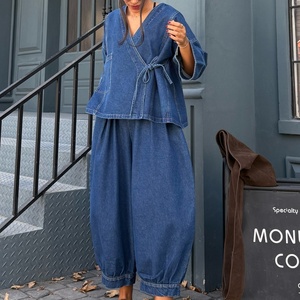 Conjuntos de Ropa de Calle para Mujer Otoño Invierno, Chaquetas de Manga Larga con Cuello en V, Jeans Rectos, Chaqueta Vaquera Vintage para Mujer, Conjunto de Pantalones - Product Image 1