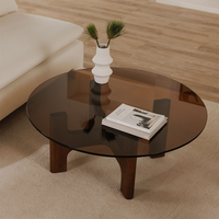 Table basse ronde en noyer noir américain avec plateau en verre fumé, style moderne du milieu du siècle, écologique, durable, meubles de salon