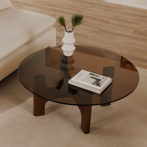 <span class=keywords><strong>Tavolino</strong></span> da Caffè Rotondo in Noce Nero Americano con Piano in <span class=keywords><strong>Vetro</strong></span> Fumé, Arredamento Moderno Mid-Century per Soggiorno - Product Image 3