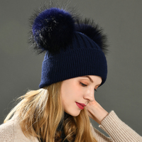 Bonnet d'hiver Jxwatcher pliable et moelleux avec deux grands pompons en vraie fourrure, bonnet extensible pour femme, bonnet chaud en cachemire tricoté, bonnet ample en laine