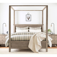 Moderne Industriel et Vintage Indien Antique Vieux Bois Massif Lit Double à Baldaquin en Bois King Queen Size