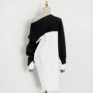 Pulls décontractés longs et amples pour l'automne et le printemps, chemisier patchwork en tricot, col en V au dos, hauts pour femmes, pulls tendance pour femmes - Product Image 4