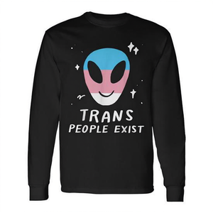 Camiseta de manga larga con estampado digital de la bandera del orgullo alienígena LGBTQ, para adultos, unisex, cuello redondo, con la frase 'Las personas trans existen' - Product Image 3
