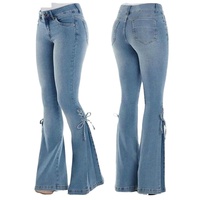 Grosir Celana Jeans Wanita Sehe Fashion, Model Flare, Warna Light Wash, Kasual, Pinggang Sedang, Tali Ikat, Bahan Denim Stretch, Bernapas