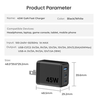 Chargeur mural GaN 45W, prise US, 2C1A USB-C/USB-A, 3 ports, charge rapide compacte, adaptateur PD/QC pour la maison, les voyages, les téléphones/tablettes