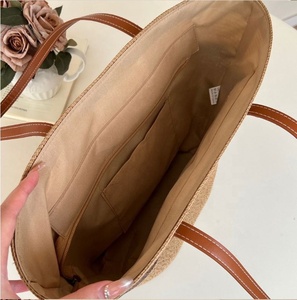 Sac seau en paille tressée, nouveau style estival polyvalent, simple et beau, sac de plage de voyage avec fermeture ouverte, doublure en polyester - Product Image 6