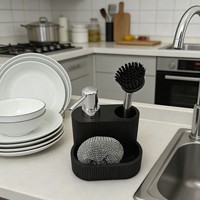 Distributeur de savon de cuisine moderne 3-en-1 vertical en polyrésine cannelée, étanche et durable, avec panier de rangement multifonctionnel à 3 compartiments pour évier