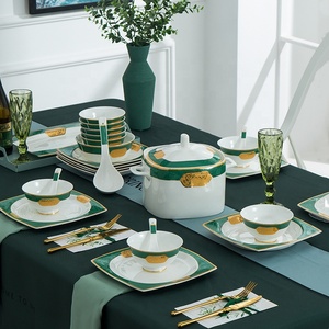New Product 60 Pieces Luxury Green and Gold Chinese Home Decor Dining Room <b>Sets</b> Porcelain Dinnerware <b>Sets</b> - Product Image 2