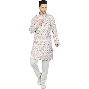 Beige Printed <b>Men's</b> Long <b>Kurta</b> Cotton Digital Printing Wrinkle Free Diwali Festival Wear - Product Image 1