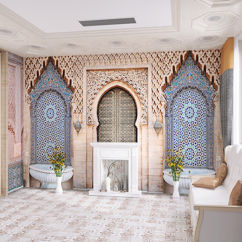 Moroccan Style architectural mural pattern wallpaper for restaurant interior decoration