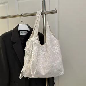 Bolsa de Mano de Lona Blanca Pura a la Moda para Mujer, Gran Capacidad, con Lazo Abierto y Bonito Estampado Floral, Forro de Poliéster - Product Image 6