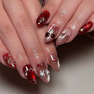 <span class=keywords><strong>Uñas</strong></span> Postizas Acrílicas Almendradas Rojas Cereza Hechas a Mano al por Mayor para Mujer - Product Image 1