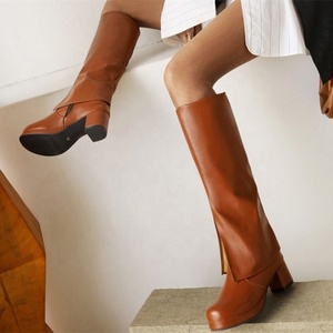 Retro Style Round Toe Thick Heel Winter <b>Boots</b> Women <b>Slip</b>-<b>on</b> Slit Trouser Leg Knee High <b>Boots</b> Comfortable Big Size 48 - Product Image 3