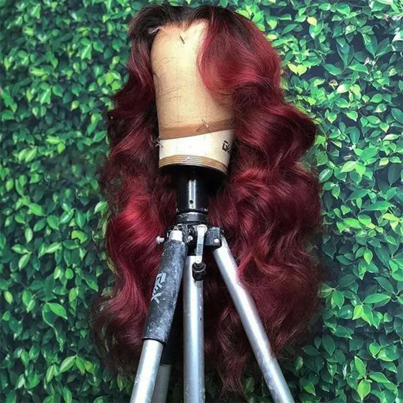 Grosir 99j Wig Rambut Manusia Merah untuk Wanita Hitam, Wig Renda HD, Wig Depan Renda Biru Oranye Merah Muda Ungu