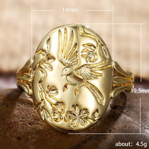 Anello Floreale con Uccello Unisex Stile Vintage in Lega con Motivo Inciso Regolabile Gioiello Romantico per Coppie - Product Image 5