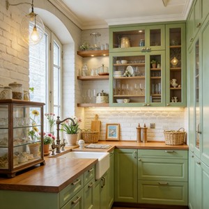 BALOM Custom Plywood Kitchen Cabinet Classic-Modern Style Green Finish With Glass-Front Shelves & Warm Accent Lighting - Product Image 6